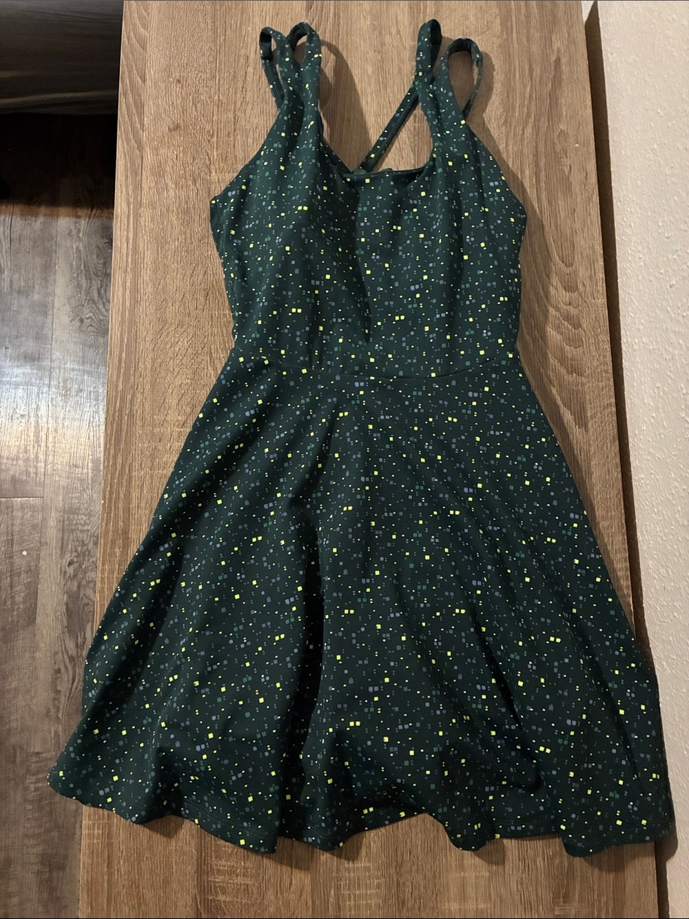 Fabletics Dark Green Mini Dress with Yellow Dot Print